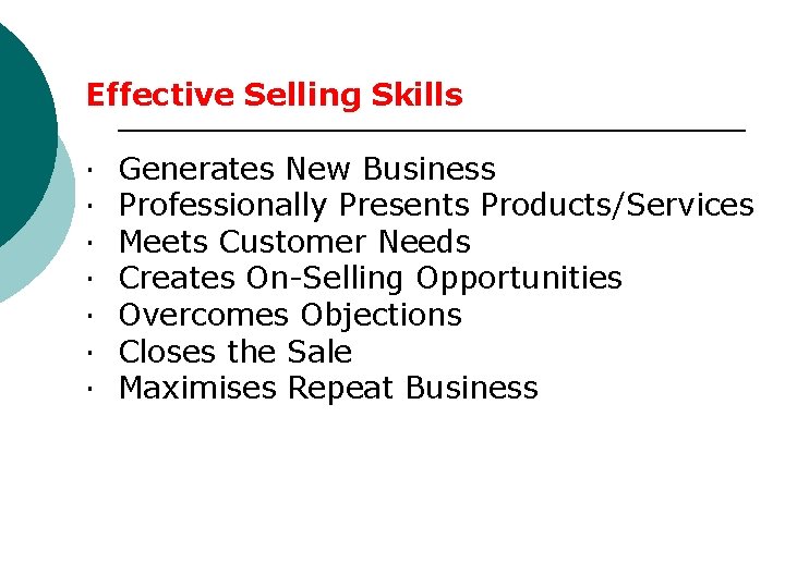 Effective Selling Skills · Generates New Business · Professionally Presents Products/Services · Meets Customer Effective Selling Skills · Generates New Business · Professionally Presents Products/Services · Meets Customer