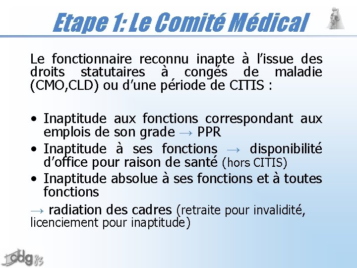 Etape 1: Le Comité Médical Le fonctionnaire reconnu inapte à l’issue des droits statutaires