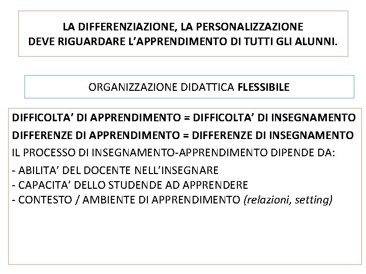 LA DIFFERENZIAZIONE, LA PERSONALIZZAZIONE DEVE RIGUARDARE L’APPRENDIMENTO DI TUTTI GLI ALUNNI. ORGANIZZAZIONE DIDATTICA FLESSIBILE