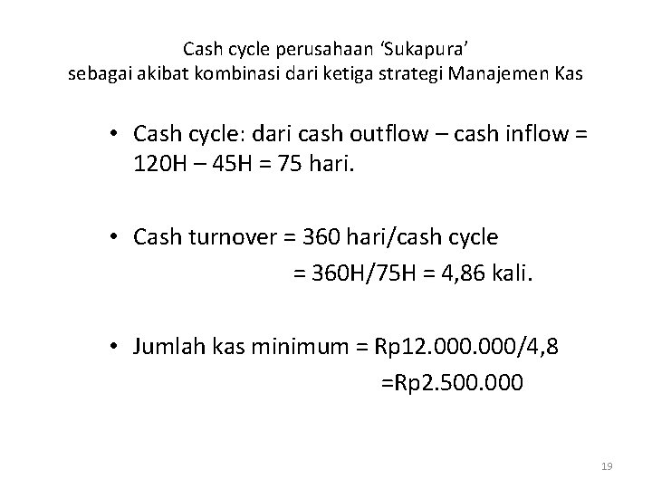 Cash cycle perusahaan ‘Sukapura’ sebagai akibat kombinasi dari ketiga strategi Manajemen Kas • Cash