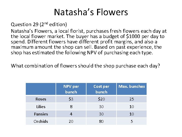 Natasha’s Flowers Question 29 (2 nd edition) Natasha’s Flowers, a local florist, purchases fresh