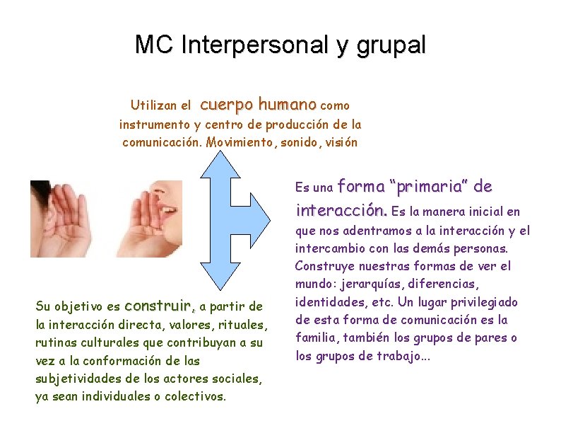 MC Interpersonal y grupal Utilizan el cuerpo humano como instrumento y centro de producción