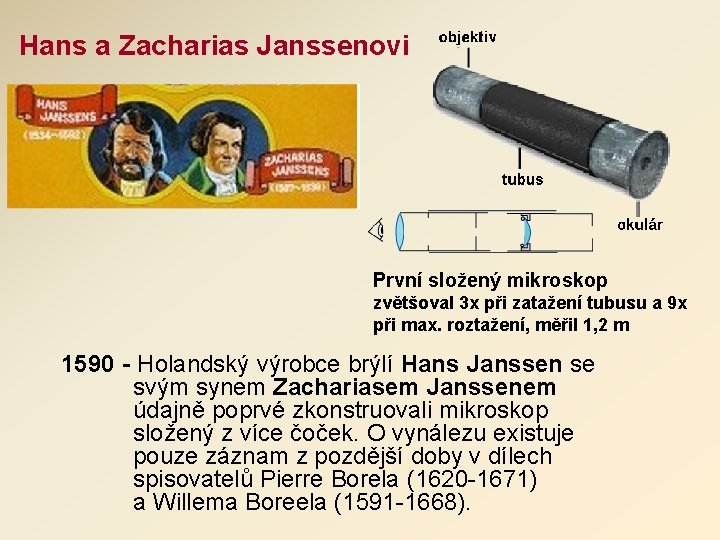 Hans a Zacharias Janssenovi První složený mikroskop zvětšoval 3 x při zatažení tubusu a