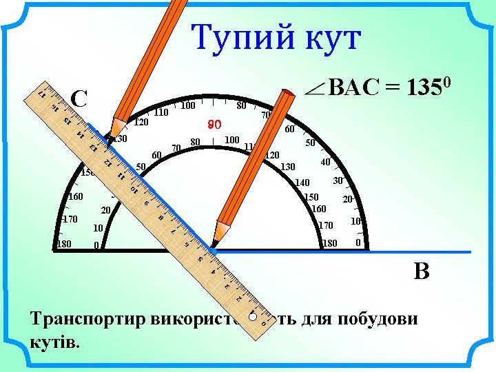 I Транспортир використовують для побудови кутів. 0 I IIII I I IIII 100 I
