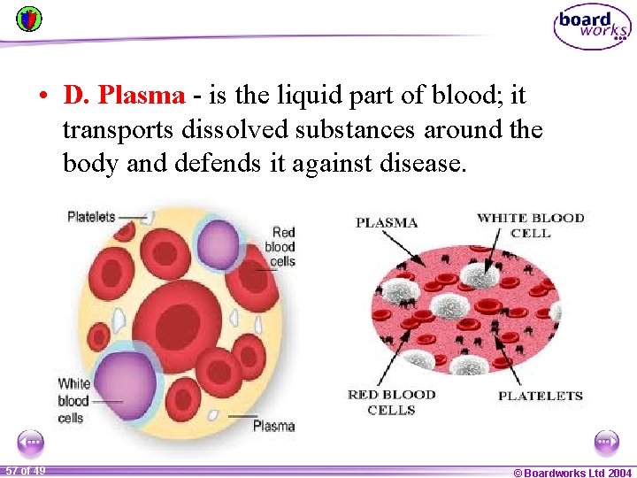  • D. Plasma - is the liquid part of blood; it transports dissolved