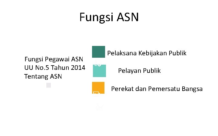 Fungsi ASN Fungsi Pegawai ASN UU No. 5 Tahun 2014 Tentang ASN Pelaksana Kebijakan Fungsi ASN Fungsi Pegawai ASN UU No. 5 Tahun 2014 Tentang ASN Pelaksana Kebijakan