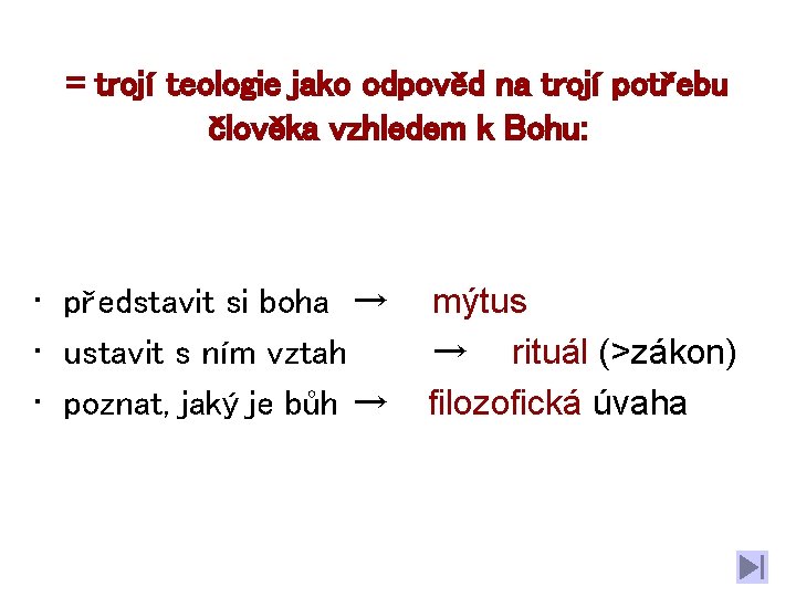 = trojí teologie jako odpověd na trojí potřebu člověka vzhledem k Bohu: • představit