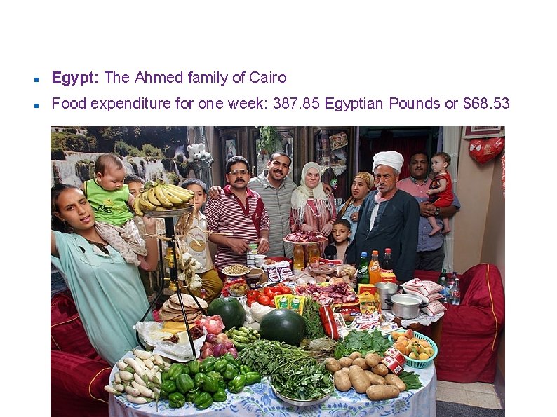 ”Hungry Planet: what the world eats” Egypt: The Ahmed family of Cairo Food expenditure