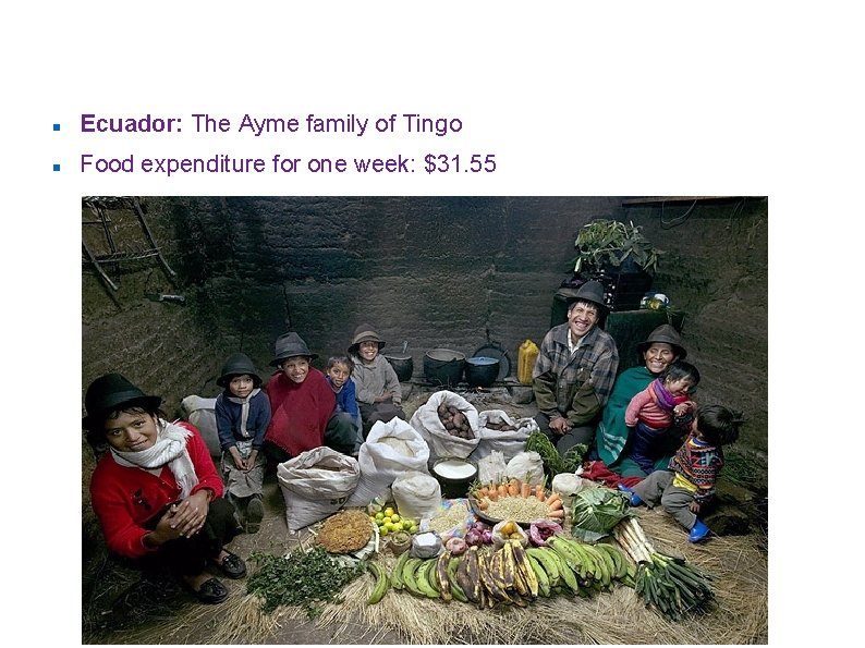 ”Hungry Planet: what the world eats” Ecuador: The Ayme family of Tingo Food expenditure