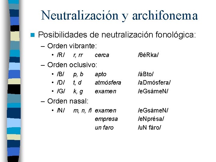 Neutralización y archifonema n Posibilidades de neutralización fonológica: – Orden vibrante: • /R/ r,