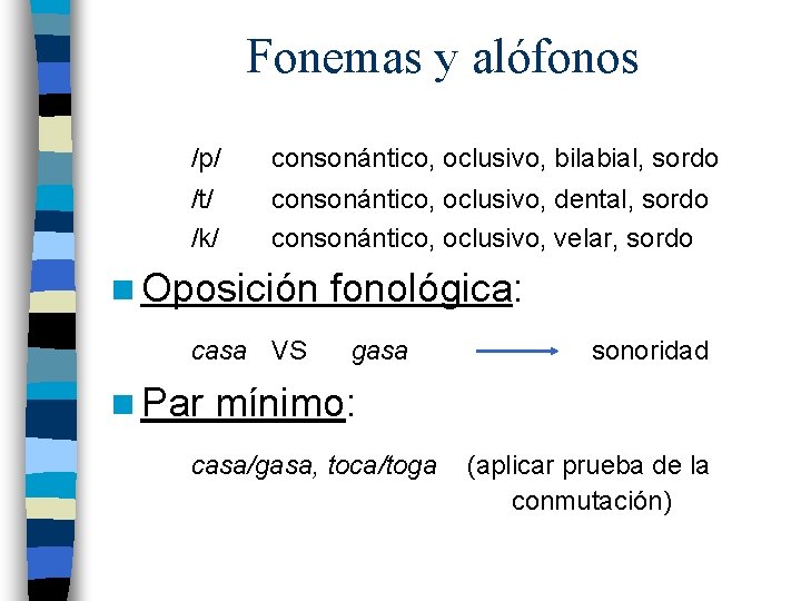 Fonemas y alófonos /p/ consonántico, oclusivo, bilabial, sordo /t/ /k/ consonántico, oclusivo, dental, sordo