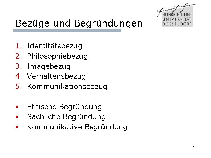 Bezüge und Begründungen 1. 2. 3. 4. 5. Identitätsbezug Philosophiebezug Imagebezug Verhaltensbezug Kommunikationsbezug §