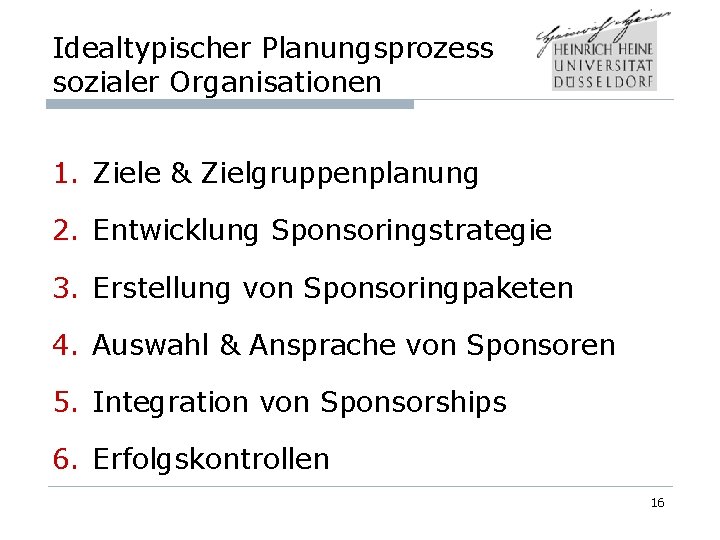 Idealtypischer Planungsprozess sozialer Organisationen 1. Ziele & Zielgruppenplanung 2. Entwicklung Sponsoringstrategie 3. Erstellung von