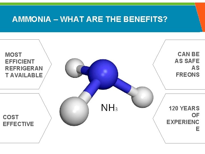AMMONIA – WHAT ARE THE BENEFITS? MOST EFFICIENT REFRIGERAN T AVAILABLE COST EFFECTIVE CAN