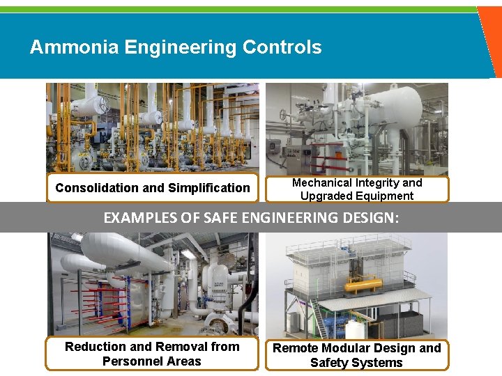 Ammonia Engineering Controls Consolidation and Simplification Mechanical Integrity and Upgraded Equipment EXAMPLES OF SAFE