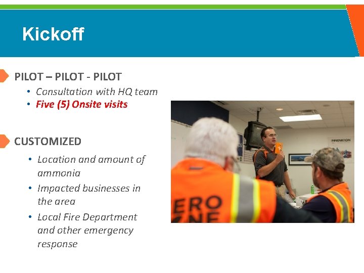 Kickoff PILOT – PILOT - PILOT • Consultation with HQ team • Five (5)
