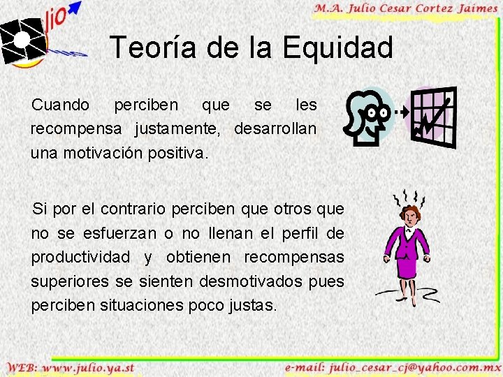 Teoría de la Equidad Cuando perciben que se les recompensa justamente, desarrollan una motivación