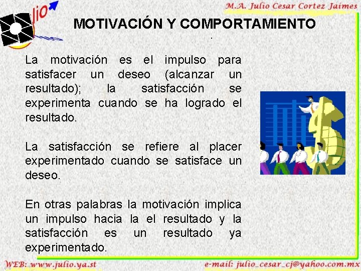 MOTIVACIÓN Y COMPORTAMIENTO. La motivación es el impulso para satisfacer un deseo (alcanzar un