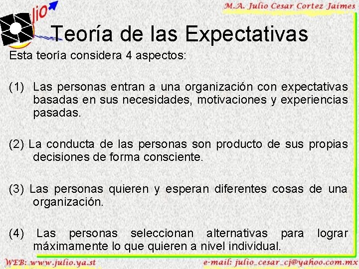 Teoría de las Expectativas Esta teoría considera 4 aspectos: (1) Las personas entran a