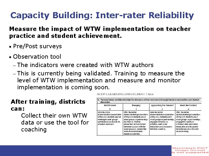Capacity Building: Inter-rater Reliability Measure the impact of WTW implementation on teacher practice and Capacity Building: Inter-rater Reliability Measure the impact of WTW implementation on teacher practice and