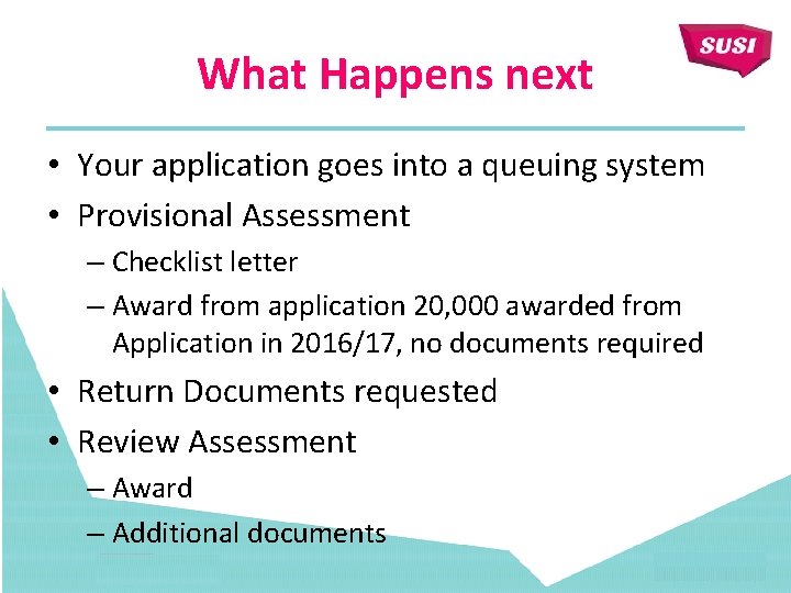 What Happens next • Your application goes into a queuing system • Provisional Assessment