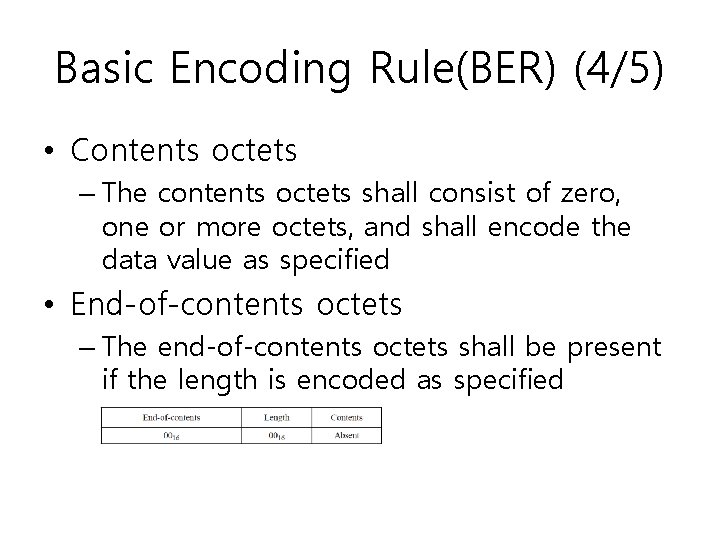 Basic Encoding Rule(BER) (4/5) • Contents octets – The contents octets shall consist of