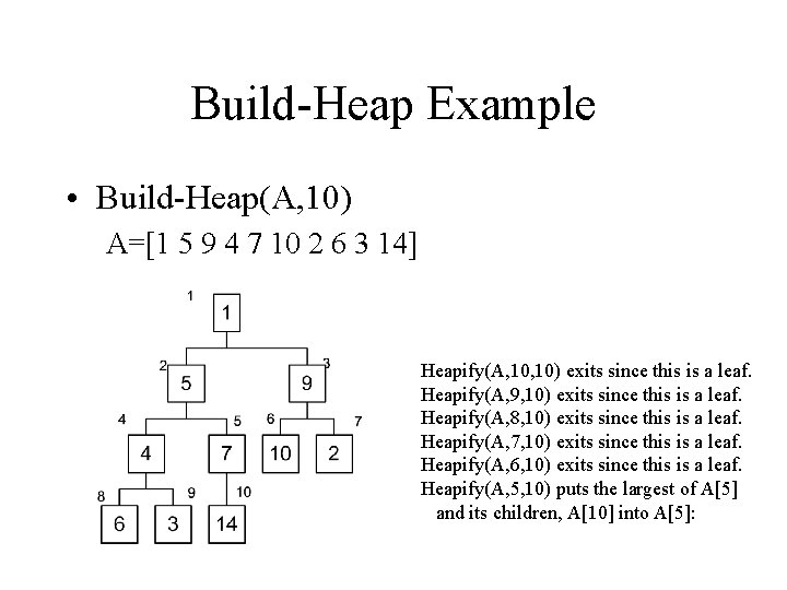 Build-Heap Example • Build-Heap(A, 10) A=[1 5 9 4 7 10 2 6 3