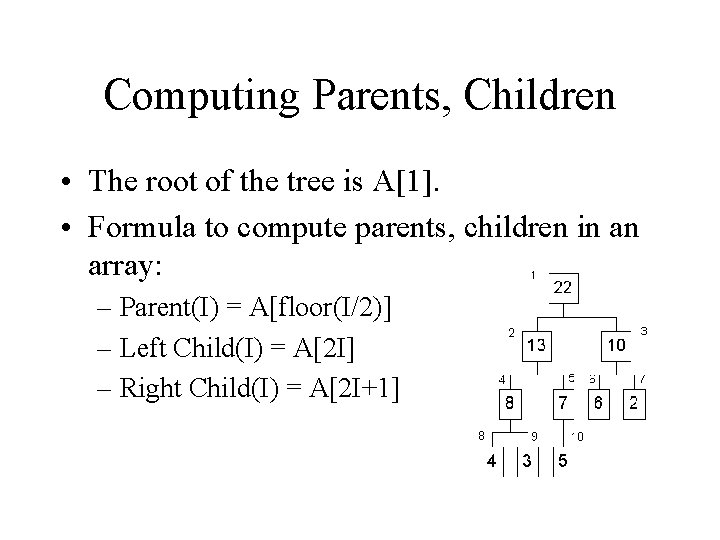 Computing Parents, Children • The root of the tree is A[1]. • Formula to