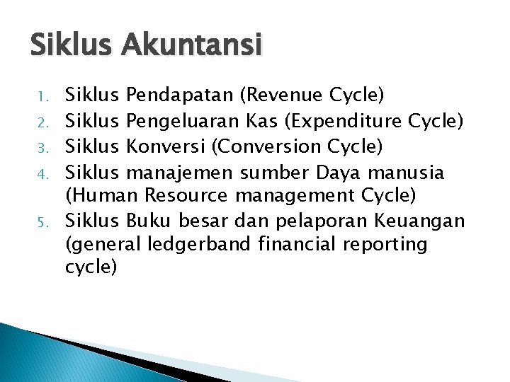 Siklus Akuntansi 1. 2. 3. 4. 5. Siklus Pendapatan (Revenue Cycle) Siklus Pengeluaran Kas