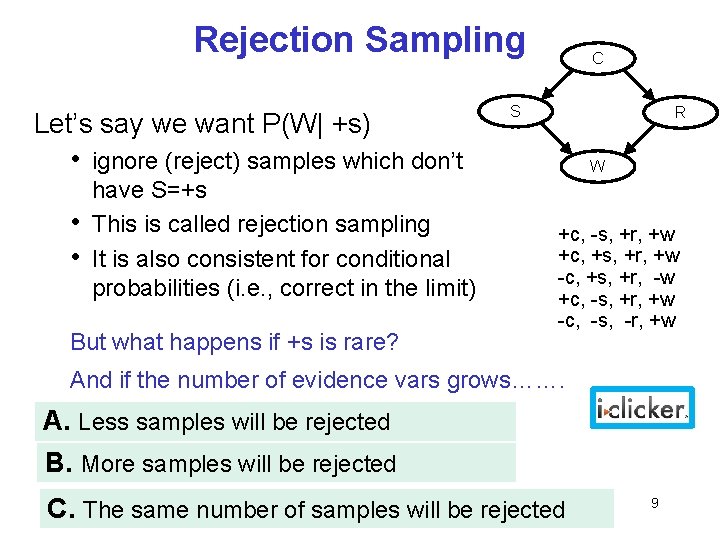 Rejection Sampling Let’s say we want P(W| +s) • ignore (reject) samples which don’t