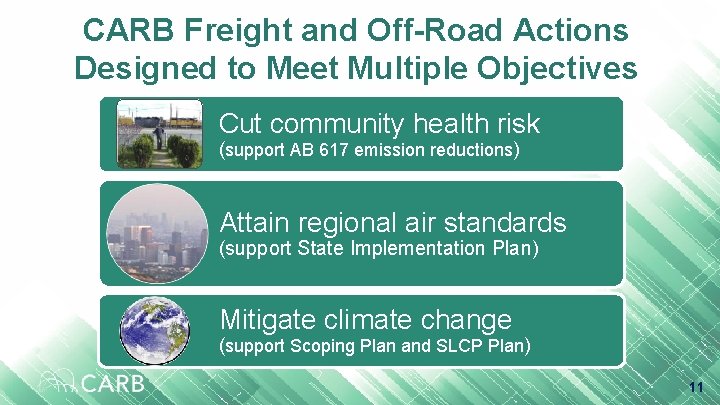 CARB Freight and Off-Road Actions Designed to Meet Multiple Objectives Cut community health risk