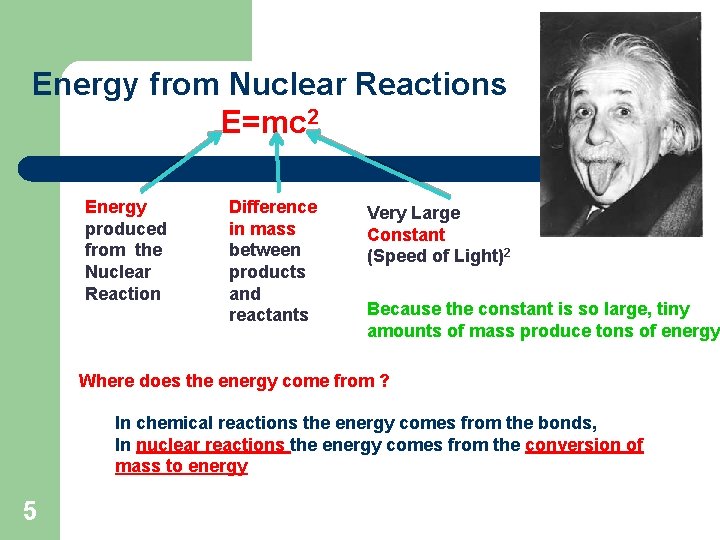 Energy from Nuclear Reactions E=mc 2 Energy produced from the Nuclear Reaction Difference in