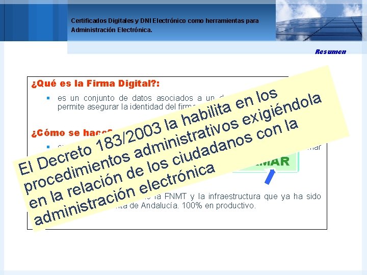 Certificados Digitales y DNI Electrónico como herramientas para Administración Electrónica. Resumen ¿Qué es la