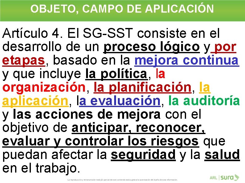 OBJETO, CAMPO DE APLICACIÓN Artículo 4. El SG-SST consiste en el desarrollo de un