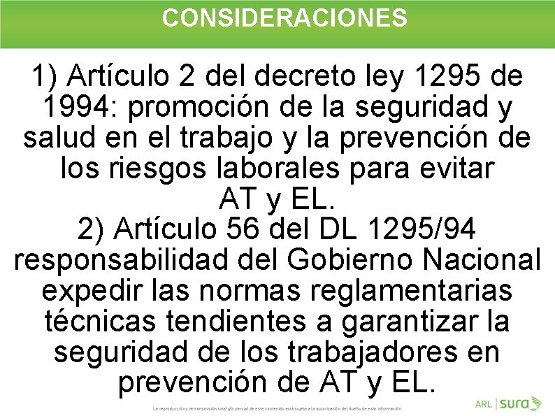 CONSIDERACIONES 1) Artículo 2 del decreto ley 1295 de 1994: promoción de la seguridad