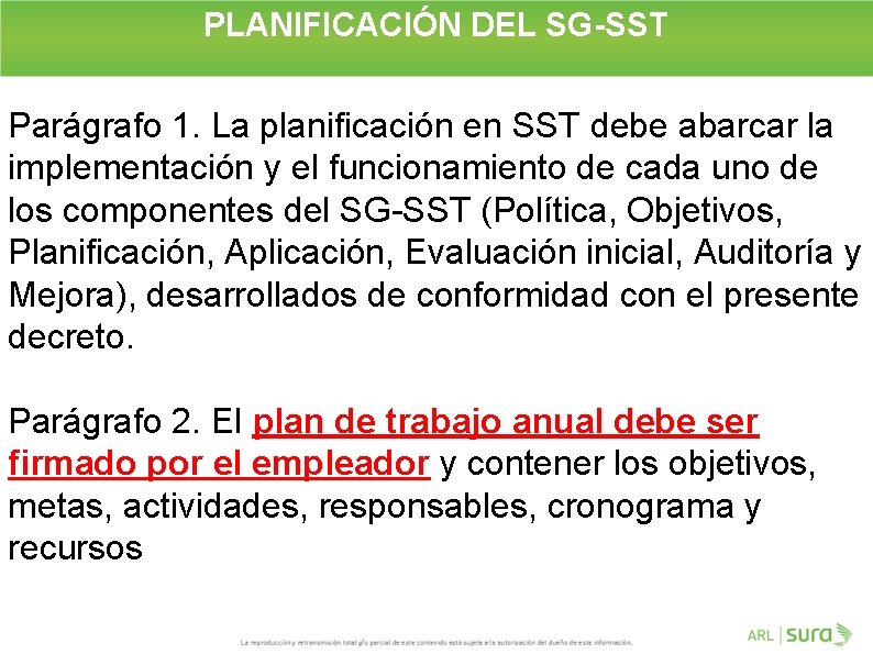 PLANIFICACIÓN DEL SG-SST Parágrafo 1. La planificación en SST debe abarcar la implementación y