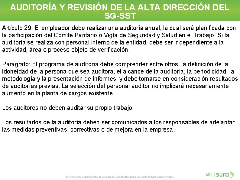 AUDITORÍA Y REVISIÓN DE LA ALTA DIRECCIÓN DEL SG-SST Artículo 29. El empleador debe