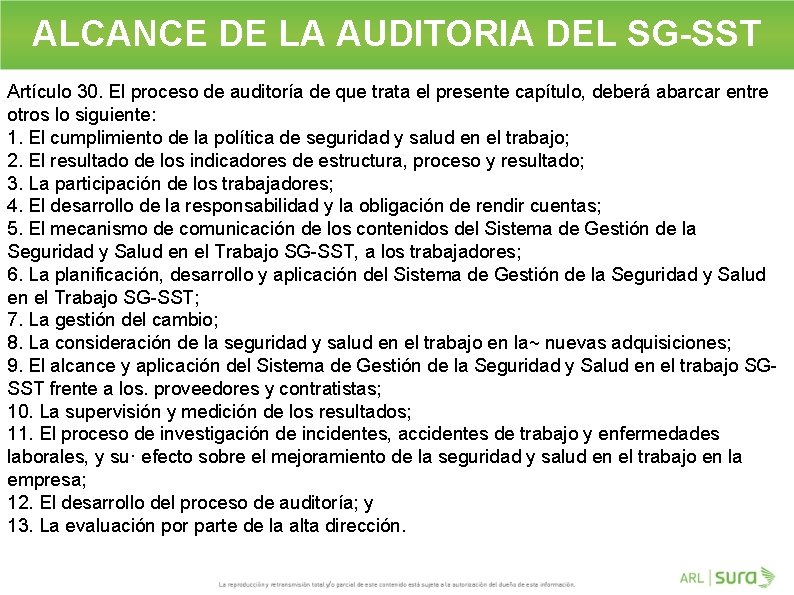 ALCANCE DE LA AUDITORIA DEL SG-SST Artículo 30. El proceso de auditoría de que