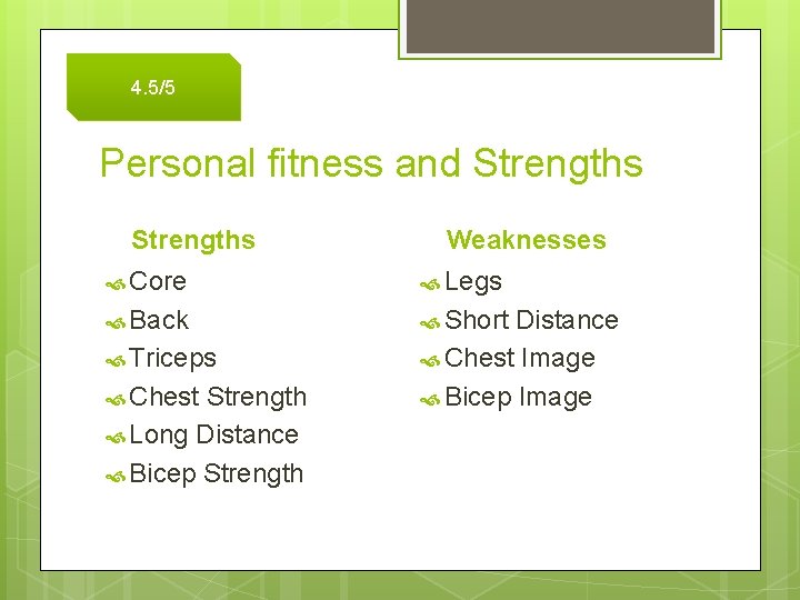 4. 5/5 Personal fitness and Strengths Weaknesses Core Legs Back Short Triceps Chest Strength