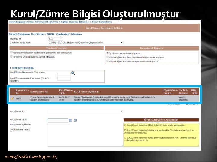 Kurul/Zümre Bilgisi Oluşturulmuştur e-mufredat. meb. gov. tr, 