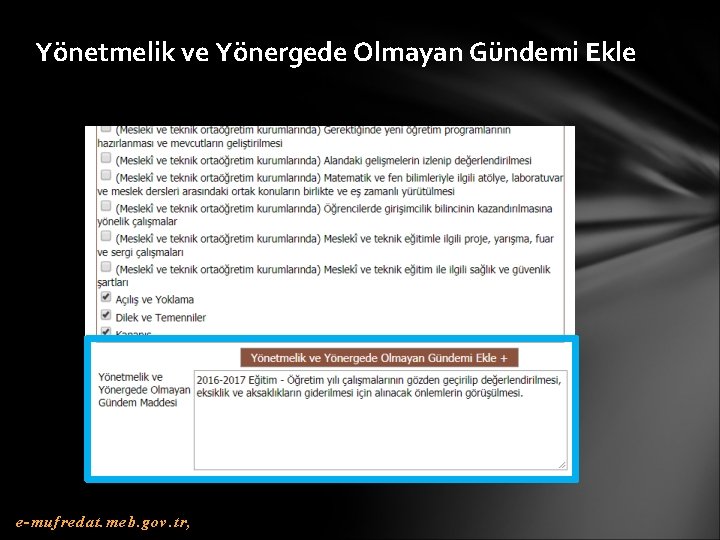 Yönetmelik ve Yönergede Olmayan Gündemi Ekle e-mufredat. meb. gov. tr, 