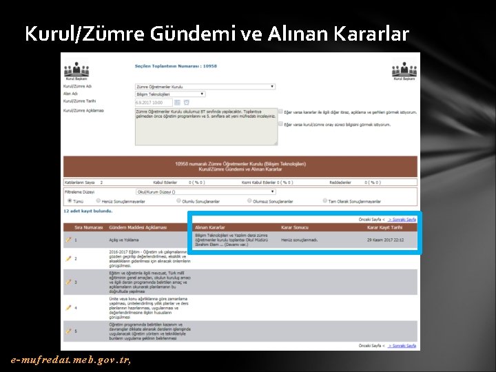 Kurul/Zümre Gündemi ve Alınan Kararlar e-mufredat. meb. gov. tr, 