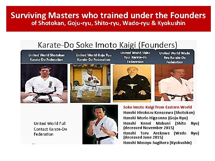 Surviving Masters who trained under the Founders of Shotokan, Goju-ryu, Shito-ryu, Wado-ryu & Kyokushin