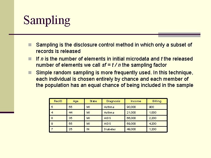Sampling n Sampling is the disclosure control method in which only a subset of
