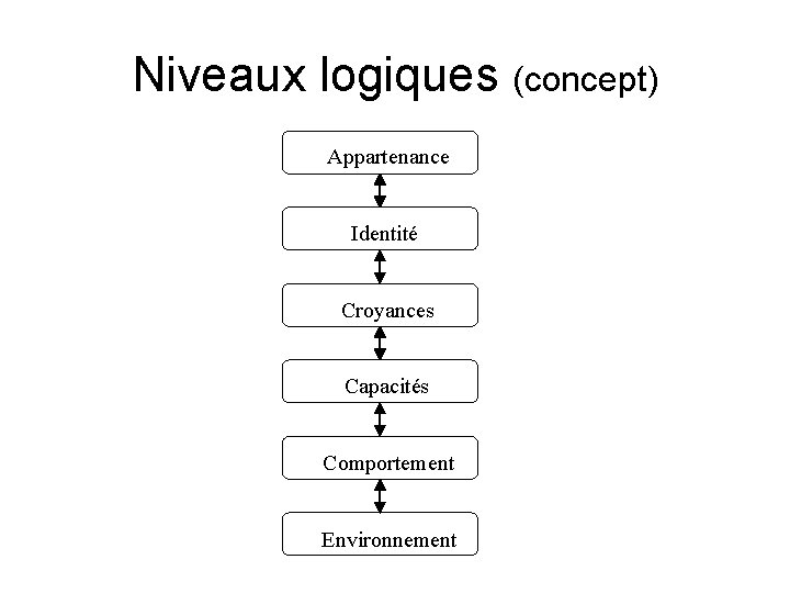 Niveaux logiques (concept) Appartenance Identité Croyances Capacités Comportement Environnement 