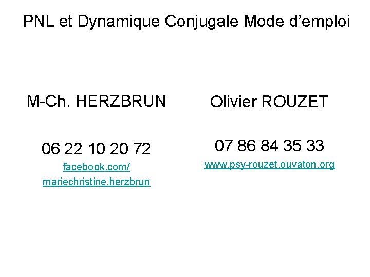 PNL et Dynamique Conjugale Mode d’emploi M-Ch. HERZBRUN Olivier ROUZET 06 22 10 20