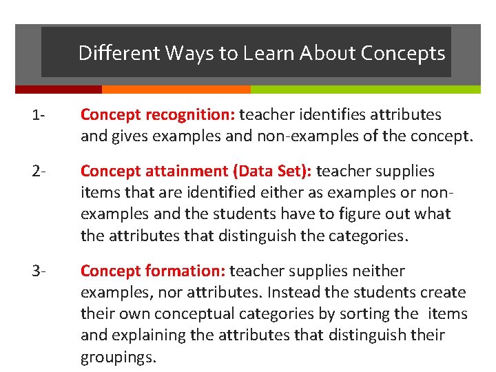 Different Ways to Learn About Concepts 1 - Concept recognition: teacher identifies attributes and Different Ways to Learn About Concepts 1 - Concept recognition: teacher identifies attributes and