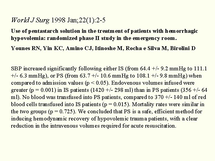 World J Surg 1998 Jan; 22(1): 2 -5 Use of pentastarch solution in the World J Surg 1998 Jan; 22(1): 2 -5 Use of pentastarch solution in the