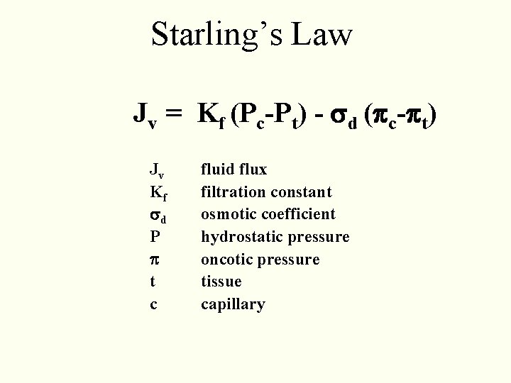 Starling’s Law Jv = Kf (Pc-Pt) - d ( c- t) Jv Kf d Starling’s Law Jv = Kf (Pc-Pt) - d ( c- t) Jv Kf d