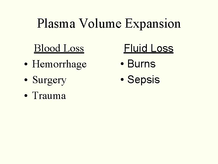 Plasma Volume Expansion Blood Loss • Hemorrhage • Surgery • Trauma Fluid Loss • Plasma Volume Expansion Blood Loss • Hemorrhage • Surgery • Trauma Fluid Loss •